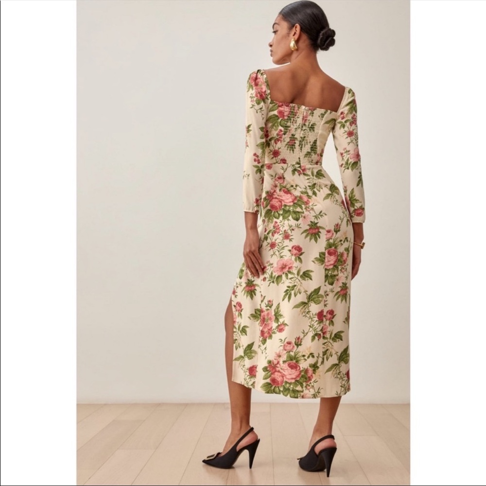 Reformation Hilda Floral Print Ruched Smocked Midi Dress In Jardin NWT Size 10 - Picture 4 of 15